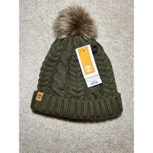 TIMBERLAND Cable Knit Sherpa Fleece Lined Fur Pompom (OLIVE) Women's Winter Hat